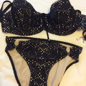 Asos Lepel Swim Bikini Black Nude Gold Accents 32DDD XS